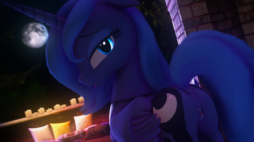 16:9 2018 3d_(artwork) butt cutie_mark digital_media_(artwork) doctor-sfm equine eyelashes feathered_wings feathers feline female feral friendship_is_magic hair hi_res horn horse looking_at_viewer mammal moon my_little_pony open_mouth pillow pony princess_luna_(mlp) pussy solo source_filmmaker watermark winged_unicorn wings