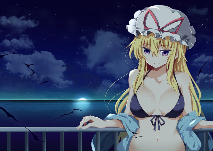 bare_arms bare_shoulders bikini bikini_day black_bikini blonde_hair blue_jacket blue_sky breasts cloud collarbone commentary_request eyebrows_visible_through_hair front-tie_bikini front-tie_top hair_between_eyes hat hat_ribbon jacket large_breasts long_hair looking_to_the_side maturiuta_sorato mob_cap navel night night_sky off_shoulder outdoors purple_eyes railing red_ribbon ribbon sidelocks sky smile solo standing star_(sky) starry_sky stomach sunrise swimsuit touhou upper_body water white_hat yakumo_yukari
