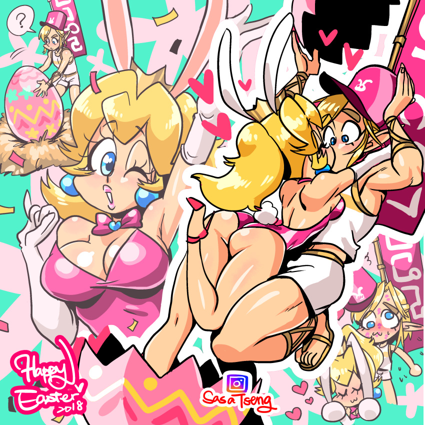 &lt;3 ? absurd_res animal_humanoid blonde_hair blue_eyes bow_tie breasts butt clothed clothing dcon duo ear_piercing easter easter_bunny egg elf english_text eyelashes female footwear fully_clothed gloves hair hat hi_res high_heels holidays humanoid hylian kissing leotard link lipstick makeup male male/female mario_bros nintendo one_eye_closed outline pictographics piercing pink_clothing princess_peach rabbit_tail royalty shirt shoes shorts speech_bubble text the_legend_of_zelda video_games white_clothing wink