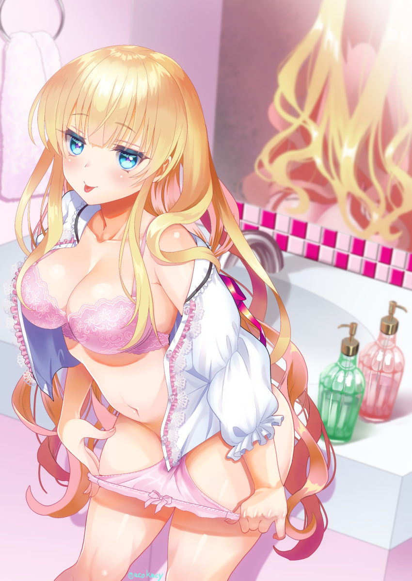 :p bangs bare_shoulders bathroom blonde_hair blue_eyes blush bow bow_panties bra breasts cleavage collarbone commentary cowboy_shot eyebrows_visible_through_hair eyelashes faucet fingernails frilled_sleeves frills highres indoors kumehara_chiyota lace lace-trimmed_shirt large_breasts legs_apart long_fingernails long_hair long_sleeves looking_at_viewer mirror navel off_shoulder open_clothes open_shirt original panties panty_pull pink_bra pink_panties pulled_by_self shirt sink smile solo standing stomach tongue tongue_out towel twitter_username underwear very_long_hair white_shirt white_towel