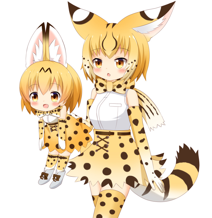 :d absurdres animal_ears bangs blonde_hair blush boots bow bowtie breasts brown_eyes character_doll chestnut_mouth commentary cowboy_shot doll elbow_gloves extra_ears extra_serval_(kemono_friends) eyebrows_visible_through_hair gloves gradient_hair hair_between_eyes high-waist_skirt highres holding holding_doll kemono_friends multicolored_hair open_mouth print_gloves print_legwear print_neckwear print_skirt serval_(kemono_friends) serval_ears serval_print serval_tail shin01571 shirt simple_background skirt sleeveless sleeveless_shirt small_breasts smile solo striped_tail tail thighhighs white_background white_footwear white_hair white_shirt