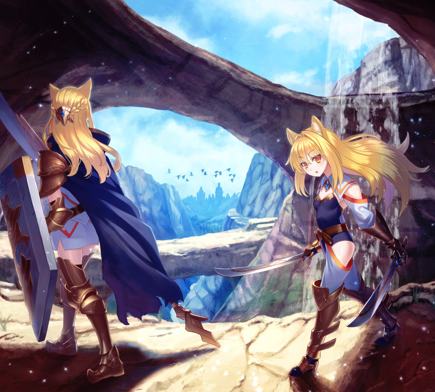 :o animal_ears armored_boots belt bird black_leotard blonde_hair blue_cape blue_sky boots braid breasts brown_armor brown_belt cape cloud cloudy_sky commentary_request day dual_wielding eyebrows_visible_through_hair facing_away floating_hair french_braid full_body gauntlets gem hair_between_eyes hair_intakes hair_ornament highres holding holding_spear holding_sword holding_weapon hood hood_down hooded_cape kaina_(tsubasakuronikuru) landscape leotard light_particles long_hair long_sleeves looking_at_viewer looking_to_the_side moss multiple_girls orange_eyes original outdoors pauldrons polearm shade shadow shield sidelocks silhouette sky small_breasts spear standing strapless strapless_leotard sword tsurime walking water waterfall weapon wing_collar