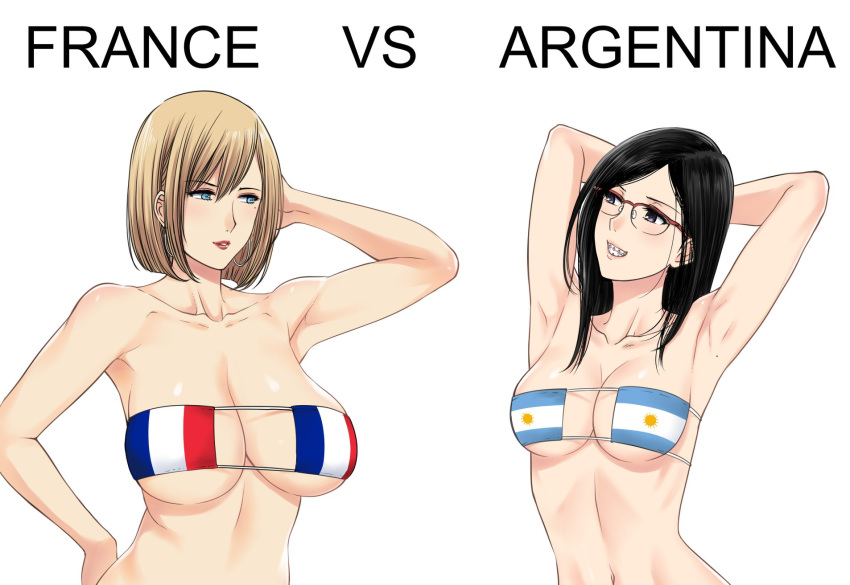 2girls :d argentina argentinian_flag armpits arms_behind_head arms_up bangs bare_arms bare_shoulders bikini black_hair blonde_hair blue_eyes braces breasts cleavage collarbone earrings eyebrows_visible_through_hair eyelashes france french_flag glasses grin hair_between_eyes hand_behind_head hand_on_head hand_on_hip hand_to_head highres hoop_earrings jewelry large_breasts long_hair looking_at_another makeup mascara medium_breasts mole_on_armpits multiple_girls navel open_mouth original over-rim_eyewear parted_lips red_lips semi-rimless_eyewear shiny shiny_skin short_hair simple_background smile stomach strapless strapless_bikini swimsuit vs white_background world_cup xtermination