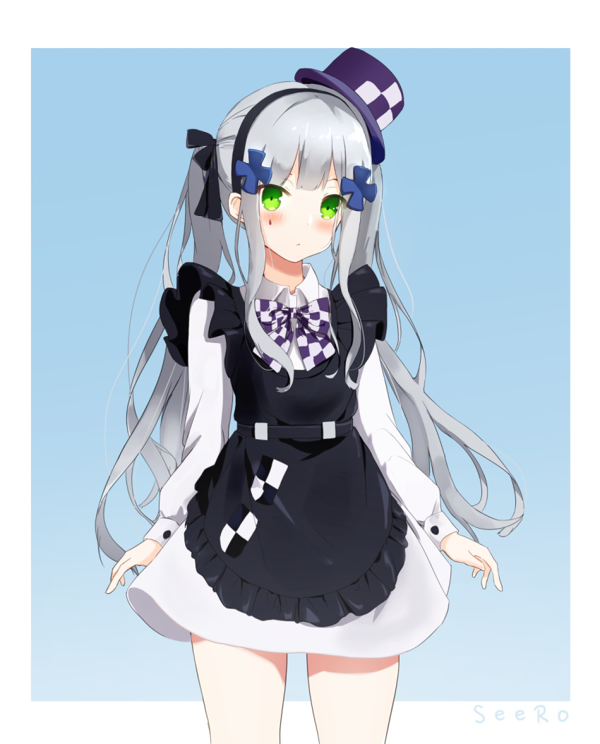 apron artist_name bangs black_apron black_bow black_hairband blue_background bow bowtie checkered checkered_neckwear collared_shirt commentary cowboy_shot error facial_mark frilled_apron frills girls_frontline green_eyes hair_bow hair_ornament hairband hat highres hk416_(girls_frontline) long_hair long_sleeves looking_at_viewer mini_hat mini_top_hat purple_hat seero shirt sidelocks signature silver_hair skirt solo teardrop tilted_headwear top_hat twintails two-tone_background very_long_hair white_background white_shirt white_skirt