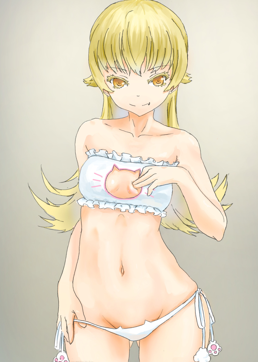 ass_visible_through_thighs bakemonogatari bangs blonde_hair bra breasts brown_background cat_cutout cat_ear_panties cat_lingerie cleavage_cutout closed_mouth collarbone commentary_request cowboy_shot eyebrows_visible_through_hair fang frilled_bra frills hand_on_own_chest highres lingerie long_hair looking_at_viewer lowleg lowleg_panties meme_attire monogatari_(series) navel oshino_shinobu panties panty_pull side-tie_panties small_breasts smile soil_(doitakumi11) solo standing strapless strapless_bra traditional_media underwear underwear_only white_bra white_panties yellow_eyes