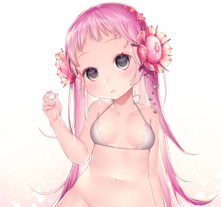 absurdres bangs bare_arms bare_shoulders bikini_top blush bottomless breasts cactus collarbone commentary eyebrows_visible_through_hair flower grey_eyes groin hair_flower hair_ornament hand_up head_tilt highres holding ia_(ias1010) long_hair navel out-of-frame_censoring parted_lips pink_flower pink_hair red_flower small_breasts solidus solo thorns very_long_hair white_bikini_top