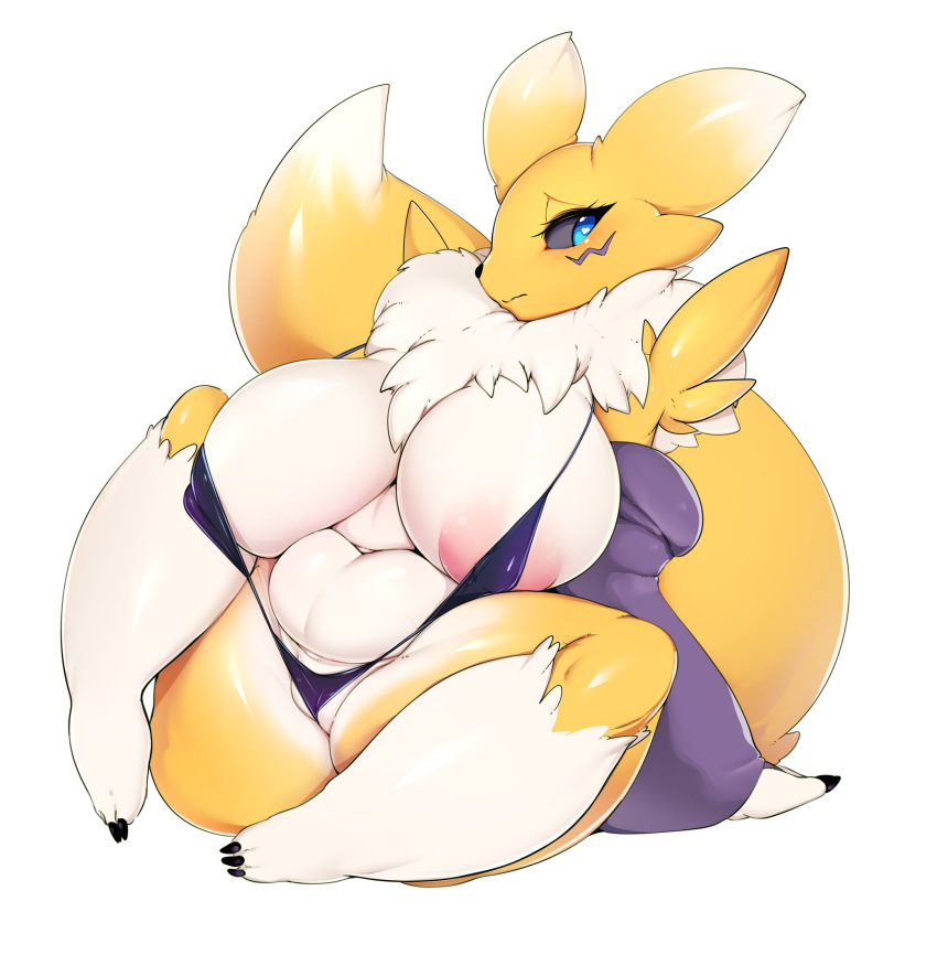 &lt;3 &lt;3_eyes anthro big_breasts blush breasts canine clothing digimon female fur huge_breasts mammal overweight overweight_female panties renamon slightly_chubby slugbox spread_legs spreading thick_thighs underwear yellow_fur