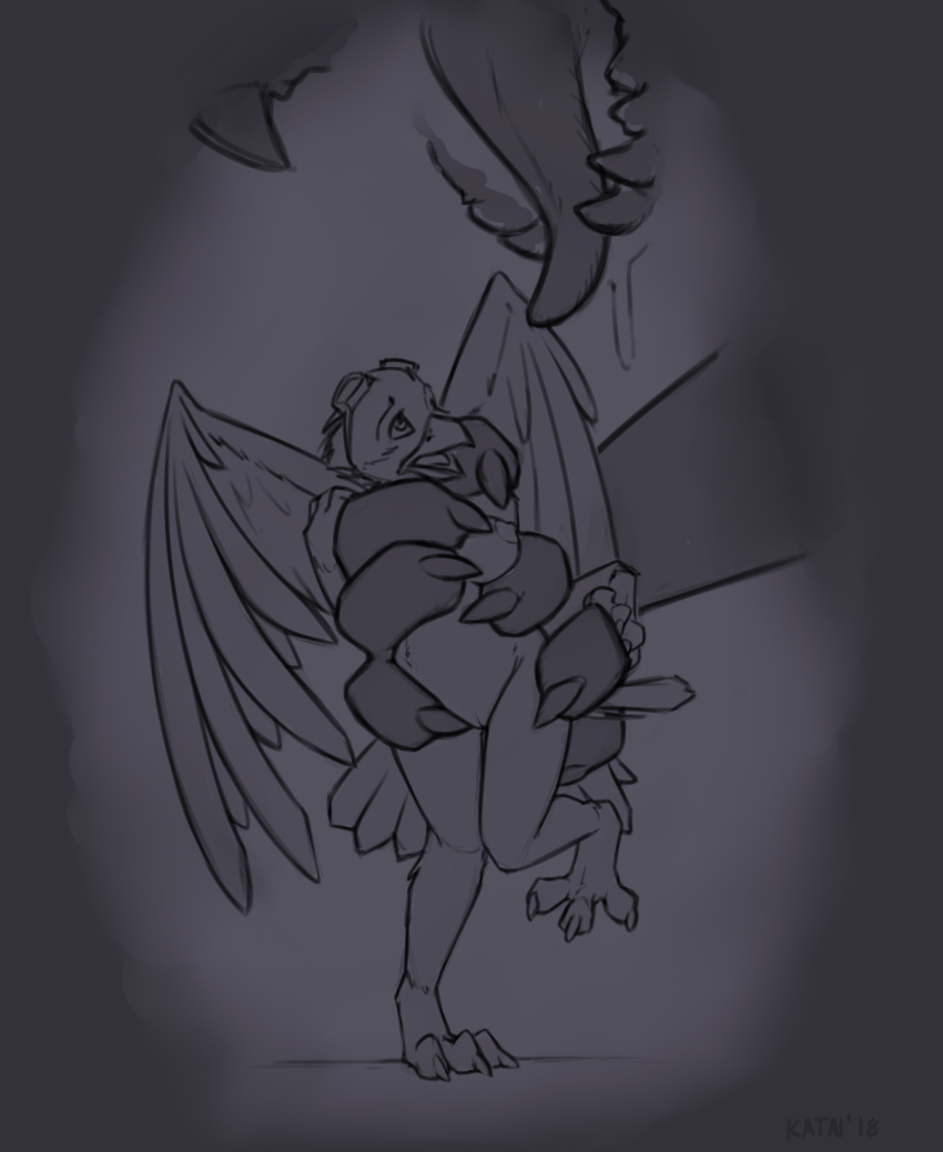 2018 anthro avian beak claws drooling female katai looking_up monochrome monster nude open_mouth prey saliva simple_background sketch solo standing trap_(disambiguation) wings