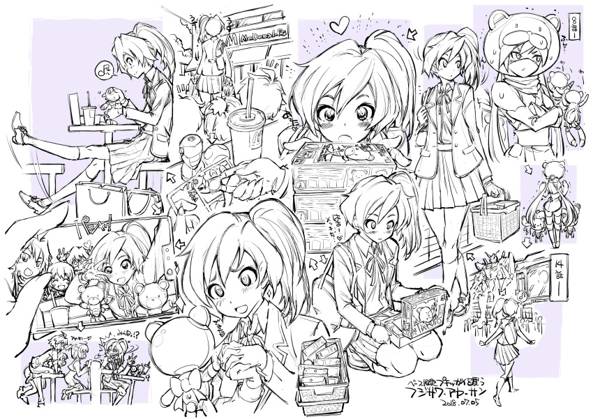 2girls ayame_(gundam_build_divers) bag bangs blazer boots box cellphone comic commentary_request cup dated directional_arrow drinking_straw dual_persona elbow_gloves face_mask fast_food fujisawa_aya_(gundam_build_divers) glasses gloves greyscale gundam gundam_build_divers gunpla heart hidaka_yukio highres jacket knee_boots long_hair long_sleeves mask mcdonald's mikami_riku momo_(gundam_build_divers) monochrome multiple_boys multiple_girls ninja opening petitgguy phone photobomb pliers product_placement restaurant ribbon scarf school_bag school_uniform self_shot shopping_bag shopping_basket short_hair shoulder_bag side_ponytail silent_comic sitting skirt sleeveless smartphone split_ponytail standing statue surprised tail thighhighs_under_boots translation_request unicorn_gundam v very_long_hair walking yashiro_momoka yazawa_mana