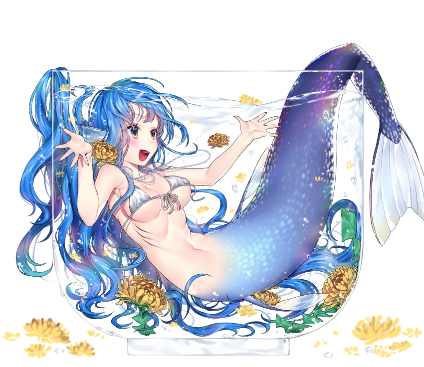 :d absurdres arm_up bangs bare_arms bare_shoulders bikini_top blue_hair bowl breasts chrysanthemum collarbone commentary cup eyebrows_visible_through_hair fins flower front-tie_bikini front-tie_top gills green_eyes hand_up head_fins highres ia_(ias1010) in_bowl in_container in_cup jewelry large_breasts long_hair looking_away mermaid monster_girl navel necklace open_mouth original outstretched_hand partially_submerged pearl_necklace smile solo string_bikini very_long_hair wardrobe_malfunction water white_background white_bikini_top yellow_flower
