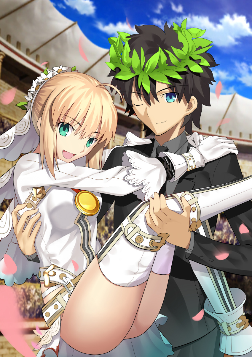 1girl :d ;) absurdres ahoge aqua_eyes artoria_pendragon_(all) besmiled black_hair black_jacket black_pants blonde_hair blue_sky carrying cloud cosplay day eyebrows_visible_through_hair fate_(series) fujimaru_ritsuka_(male) gloves grey_shirt hair_between_eyes highres jacket leotard looking_at_viewer nero_claudius_(bride)_(fate) nero_claudius_(bride)_(fate)_(cosplay) nero_claudius_(fate)_(all) one_eye_closed open_mouth outdoors pants petals princess_carry shirt sidelocks sky smile spiked_hair thighhighs white_gloves white_legwear white_leotard