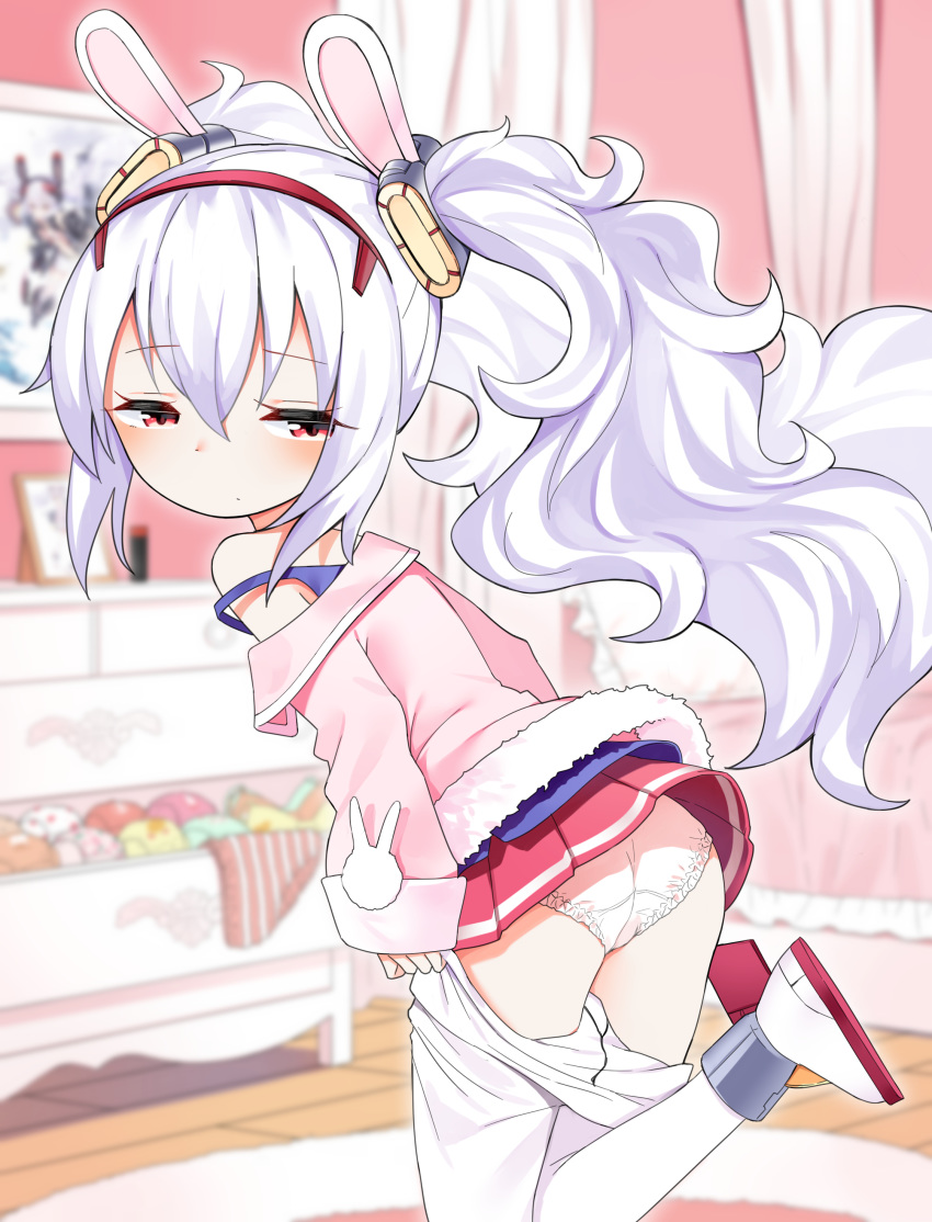 absurdres animal_ears ass azur_lane bangs bare_shoulders bed blue_camisole blurry blurry_background blush brown_panties bunny_ears camisole canopy_bed chest_of_drawers closed_mouth depth_of_field dressing eyebrows_visible_through_hair frilled_pillow frills fur-trimmed_jacket fur_trim green_panties hair_between_eyes hair_ornament hairband highres indoors jacket laffey_(azur_lane) leaning_forward long_hair long_sleeves noria off_shoulder panties pantyhose pantyhose_pull pillow pink_jacket pink_panties polka_dot polka_dot_panties red_eyes red_hairband rudder_shoes silver_hair sleeves_past_wrists solo standing standing_on_one_leg strap_slip striped striped_panties twintails underwear very_long_hair white_footwear white_legwear white_panties wooden_floor yellow_panties