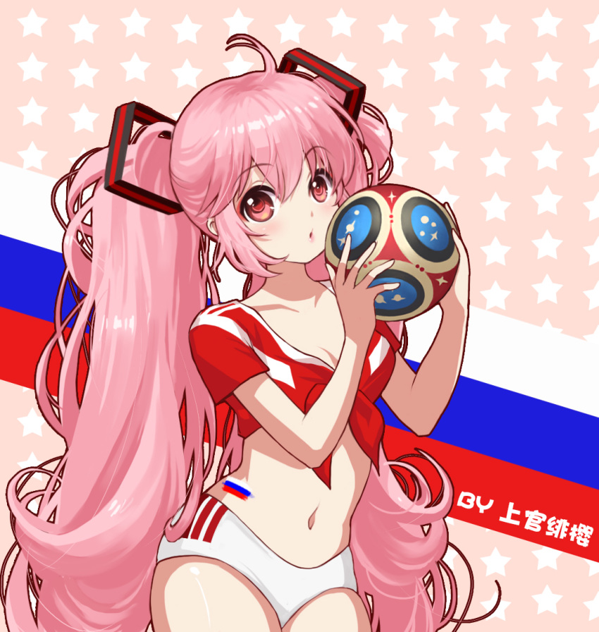 2018_fifa_world_cup ahoge alternate_costume alternate_eye_color alternate_hair_color ball blush breasts buruma chinese_commentary cleavage collarbone commentary_request cowboy_shot crop_top eyebrows_visible_through_hair front-tie_top hair_between_eyes hands_up hatsune_miku holding holding_ball long_hair looking_at_viewer medium_breasts midriff navel parted_lips pink_background pink_eyes pink_hair pink_lips red_shirt russia russian_flag shangguan_feiying shirt short_sleeves skindentation soccer soccer_ball solo standing star starry_background stomach tattoo thighs tied_shirt twintails very_long_hair vocaloid world_cup