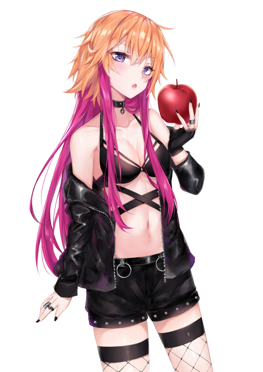 apple bangs bare_shoulders black_bikini_top black_gloves black_jacket black_nails black_shorts blush breasts choker cleavage coffeedog commentary_request fingerless_gloves fishnet_legwear fishnets food fruit gloves hair_between_eyes highres idolmaster idolmaster_cinderella_girls jacket jewelry long_hair looking_at_viewer multicolored_hair nail_polish navel ninomiya_asuka off_shoulder open_clothes open_jacket open_mouth orange_hair pink_hair purple_eyes ring shorts sidelocks simple_background single_glove small_breasts solo thighs two-tone_hair white_background