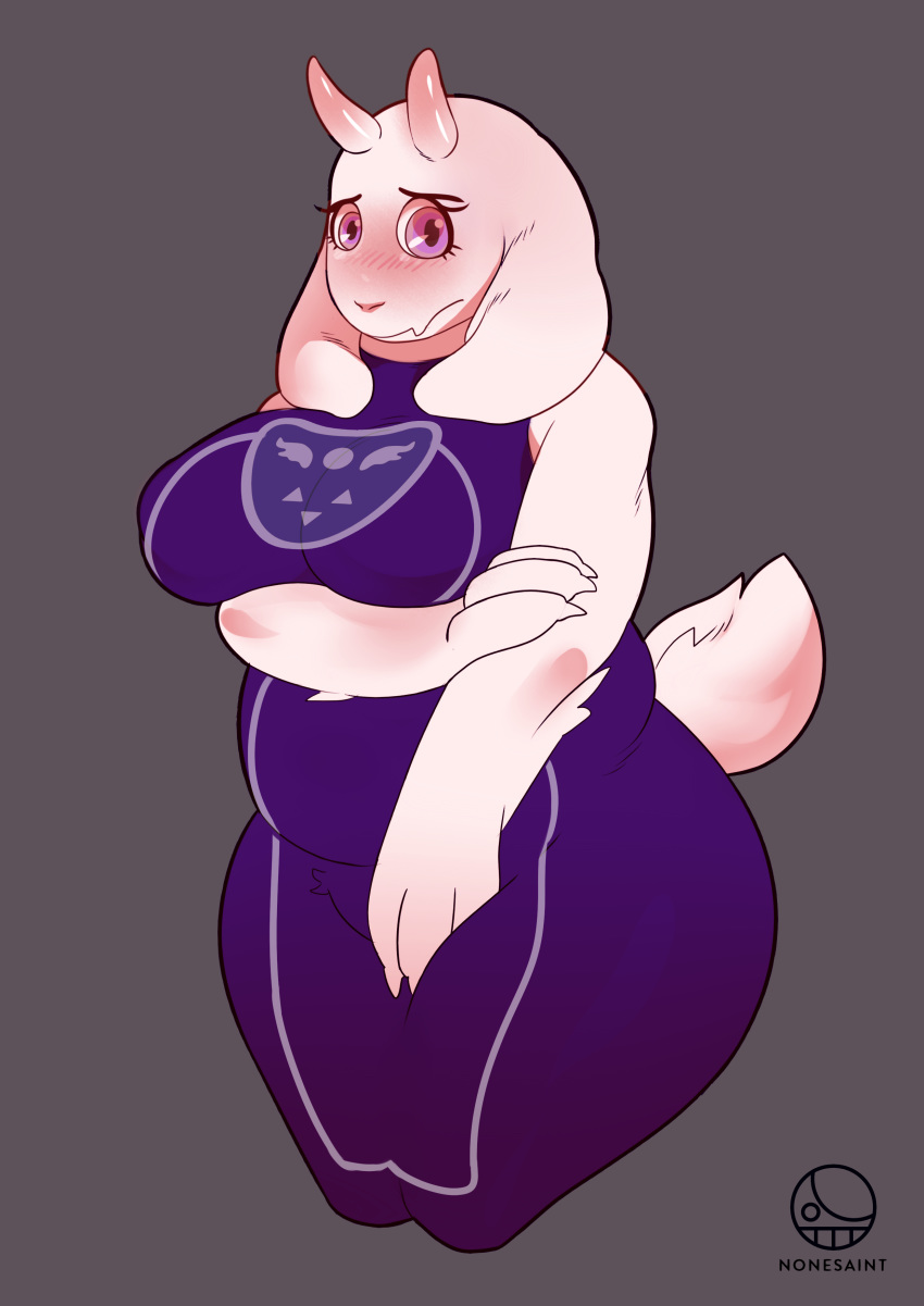 2018 4_fingers absurd_res anthro blush breast_rest breasts caprine clothing digital_media_(artwork) dress female fur goat hi_res horn long_ears looking_at_viewer mammal mature_female nervous nonesaint nonesaintnsfw purple_eyes simple_background slightly_chubby solo standing thick_thighs tight_clothing toriel undertale video_games white_fur wide_eyed