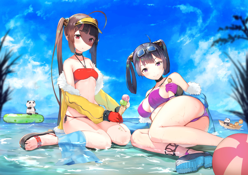 :o ahoge animal ass azur_lane ball bangs bare_shoulders beachball bikini black_choker black_hair blue_jacket blue_sky breasts brown_hair candy choker closed_mouth cloud collarbone day eyewear_on_head food from_behind full_body fur-trimmed_jacket fur_trim gloves groin hair_rings hairband halter_top halterneck highres holding holding_food ice_cream ice_cream_cone innertube isaka_wasabi jacket legs long_hair long_sleeves looking_at_viewer lying lying_on_water medium_breasts multiple_girls ning_hai_(azur_lane) ocean on_side open_clothes open_jacket open_mouth outdoors panda partially_submerged ping_hai_(azur_lane) purple_bikini purple_eyes purple_gloves red_bikini red_eyes red_gloves sandals sitting sky small_breasts smile sunglasses swimsuit thighs toes triple_scoop twintails very_long_hair wariza water yellow_jacket