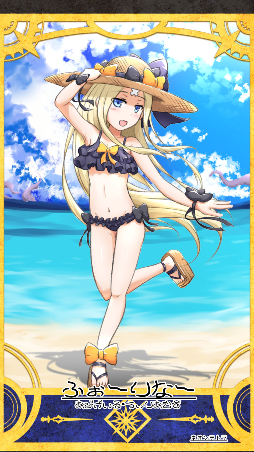 abigail_williams_(fate/grand_order) arm_up bangs bare_legs bare_shoulders beach bikini black_bikini black_bow blue_sky blush bow bow_bikini brown_footwear card_(medium) cloud cloudy_sky collarbone commentary_request crossed_bandaids day eyebrows_visible_through_hair fate/grand_order fate_(series) frilled_bikini frills hand_on_headwear hat hat_bow highres horizon long_hair navel neon-tetora ocean orange_bow outdoors parted_bangs platform_footwear sand sandals sky solo standing standing_on_one_leg straw_hat sun_hat swimsuit tentacles translated very_long_hair water wrist_bow