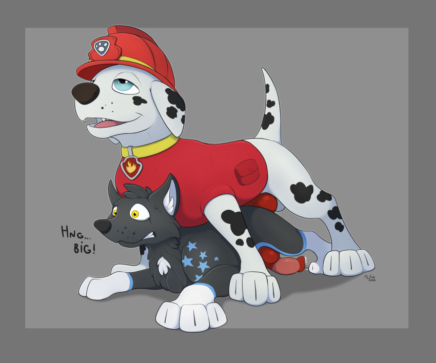 2019 canine clothing cub dalmatian dog duo fan_character feral fur male male/male mammal marshall_(paw_patrol) mcfan paw_patrol penis tears vingant wolf young