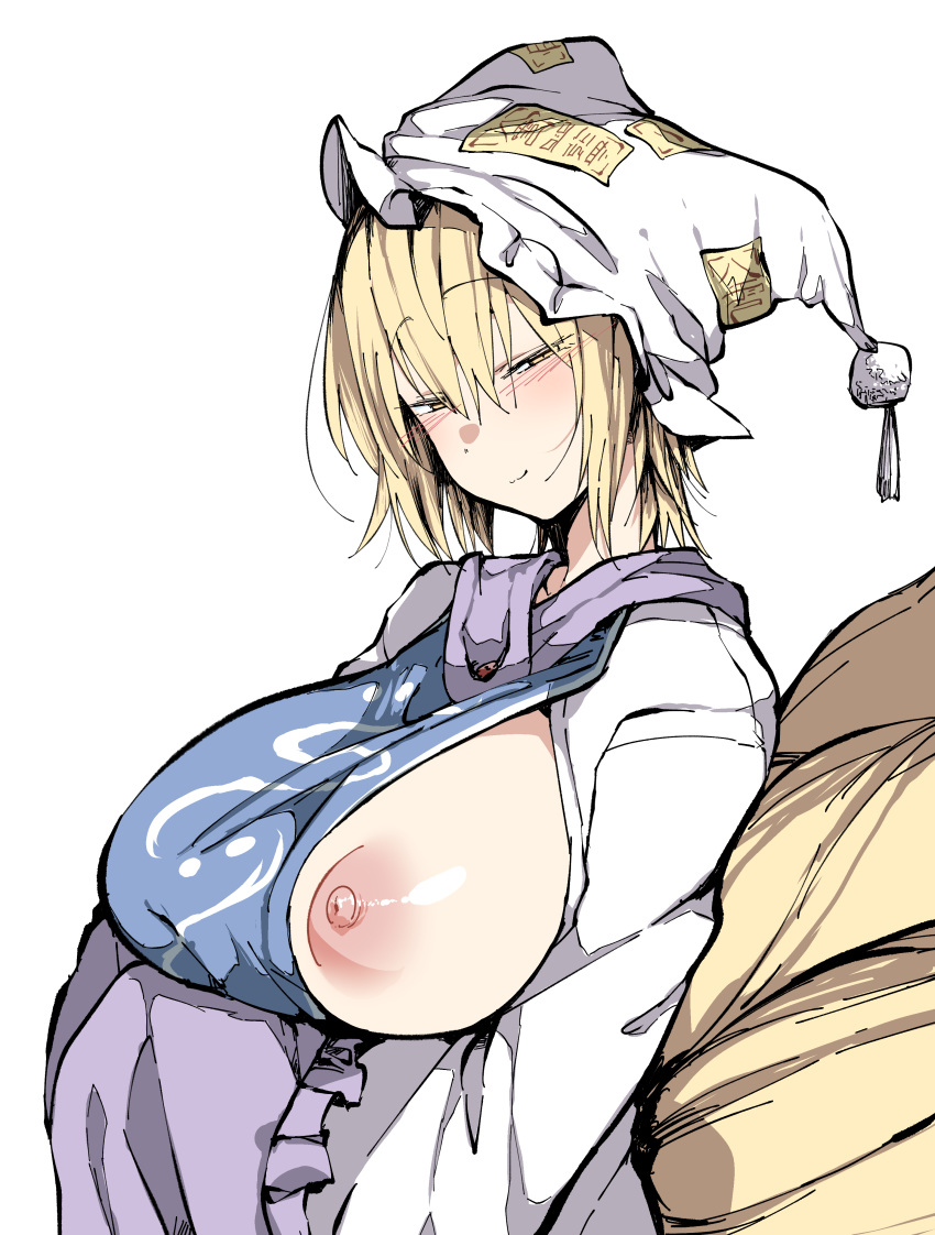 absurdres areolae blonde_hair blush breasts commentary_request dress eyebrows_visible_through_hair fox_tail hair_between_eyes hat head_tilt highres kz_oji large_areolae large_breasts long_sleeves looking_at_viewer multiple_tails nipples one_breast_out pillow_hat short_hair simple_background smile solo tabard tail touhou upper_body white_background white_dress white_hat wide_sleeves yakumo_ran yellow_eyes