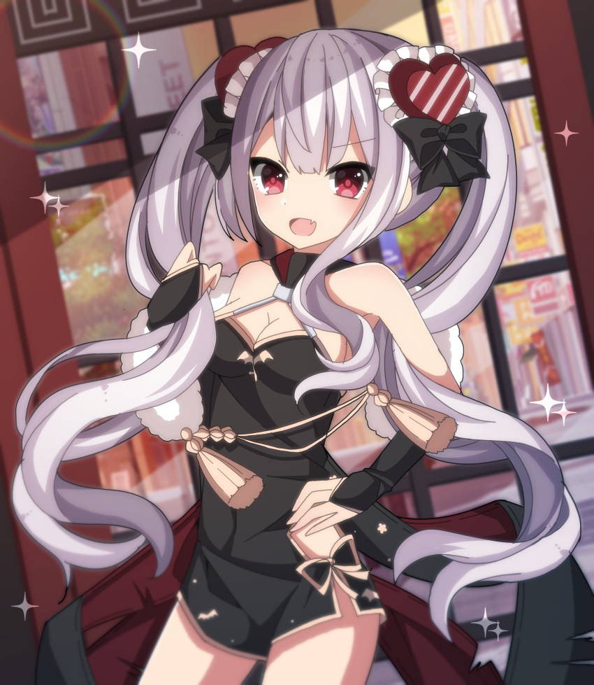 :d absurdres azur_lane bangs bare_shoulders black_bow black_dress blurry blurry_background bow breasts bridal_gauntlets china_dress chinese_clothes cleavage depth_of_field diagonal_stripes dress eyebrows_visible_through_hair fang hair_between_eyes hair_bow hair_ornament hand_on_hip heart heart_hair_ornament highres holding holding_hair long_hair looking_at_viewer medium_breasts open_mouth rainbow red_eyes sapphire_(sapphire25252) short_dress silver_hair sleeveless sleeveless_dress smile solo sparkle striped twintails vampire_(azur_lane) very_long_hair