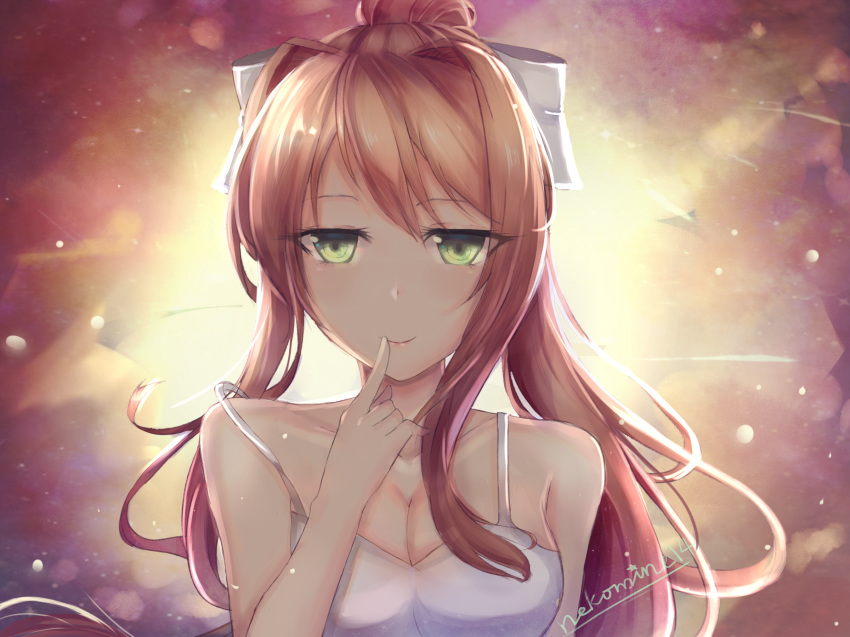 abstract_background artist_name breasts brown_hair cleavage collarbone commentary doki_doki_literature_club dress english_commentary eyes_visible_through_hair finger_to_mouth green_eyes hair_ribbon highres long_hair looking_at_viewer medium_breasts monika_(doki_doki_literature_club) nekomine14 ponytail ribbon smile solo strap_slip upper_body white_dress white_ribbon