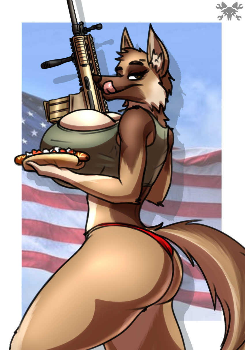 2018 4th_of_july anthro big_breasts breasts butt canine clothing dog female fn_scar food german_shepherd hot_dog licking licking_lips looking_at_viewer mammal metalfoxxx scar-h solo stars_and_stripes thong tongue tongue_out united_states_of_america