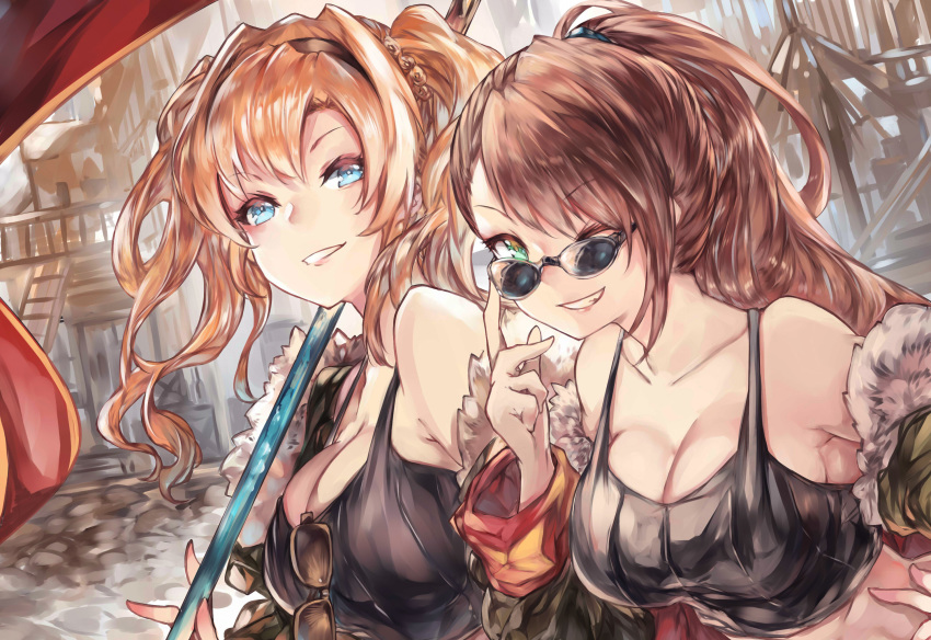 2girls aqua_eyes beatrix_(granblue_fantasy) blonde_hair breasts brown_hair cleavage close granblue_fantasy green_eyes headband long_hair mi_bait sunglasses twintails wink zeta_(granblue_fantasy)