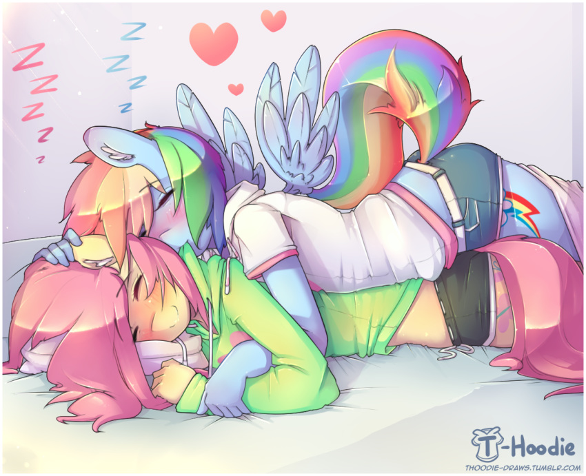 &lt;3 bed blush clothed clothing equine female female/female fluttershy_(mlp) friendship_is_magic hoodie hoodie_(artist) hug mammal my_little_pony pegasus rainbow_dash_(mlp) shirt shorts sleeping smile spooning sweater wings