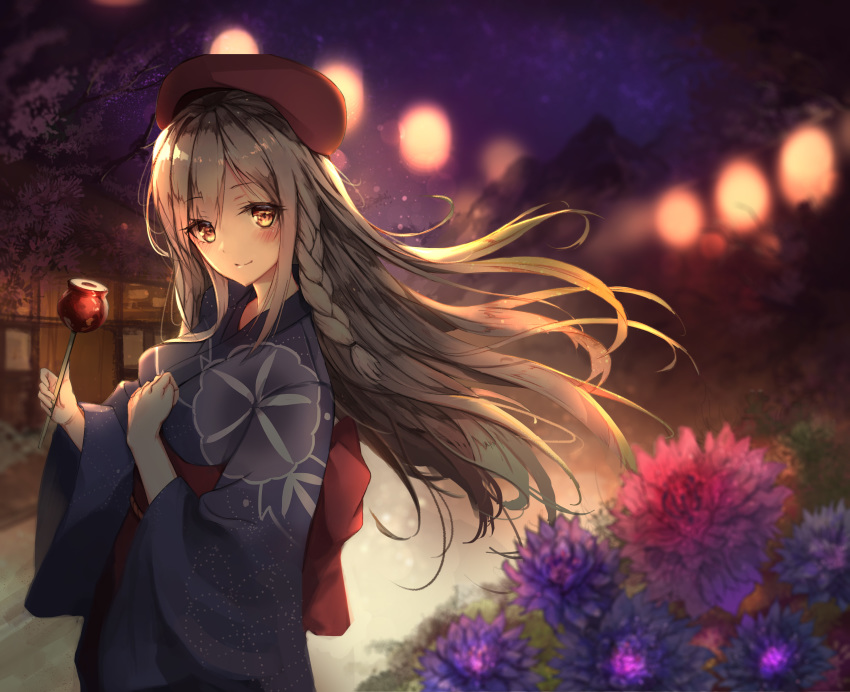 absurdres alternate_costume bangs beret blurry blush braid breasts candy_apple commentary depth_of_field eyebrows_visible_through_hair eyes_visible_through_hair festival floating_hair flower food g36c_(girls_frontline) girls_frontline hair_over_one_eye hat highres holding holding_food japanese_clothes kimono lantern large_breasts light long_hair looking_at_viewer night obi outdoors red_eyes rinu99 sash side_braid sidelocks silver_hair smile solo tree very_long_hair yukata