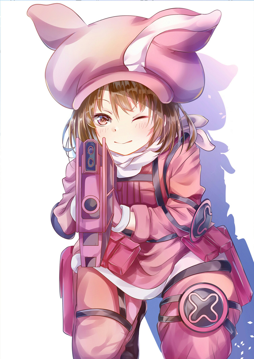 ;) aiming_at_viewer animal_ears animal_hat bandana bangs blush brown_eyes brown_hair bullpup bunny_ears bunny_hat closed_mouth eyebrows_visible_through_hair gloves gun hair_between_eyes hat highres holding holding_gun holding_weapon jacket kneeling llenn_(sao) long_sleeves mutang one_eye_closed p-chan_(p-90) p90 pants pink_gloves pink_hat pink_jacket pink_pants shadow smile solo submachine_gun sword_art_online sword_art_online_alternative:_gun_gale_online weapon white_background white_bandana