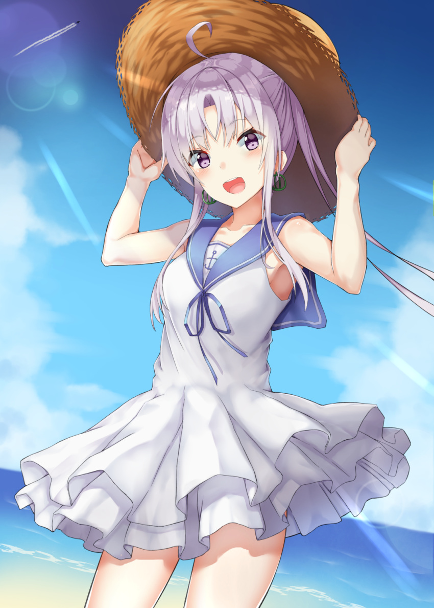 :d ahoge aircraft airplane akitsushima_(kantai_collection) alternate_costume armpits bad_id bad_pixiv_id bangs beach blue_sky blush breasts cloud collarbone commentary_request day dress earrings eyebrows_visible_through_hair floating_hair hands_on_headwear hat hcci_pcci highres jewelry kantai_collection long_hair ocean open_mouth outdoors purple_eyes sand side_ponytail sidelocks sky sleeveless sleeveless_dress smile solo straw_hat sun_hat sunlight thighs wind wind_lift