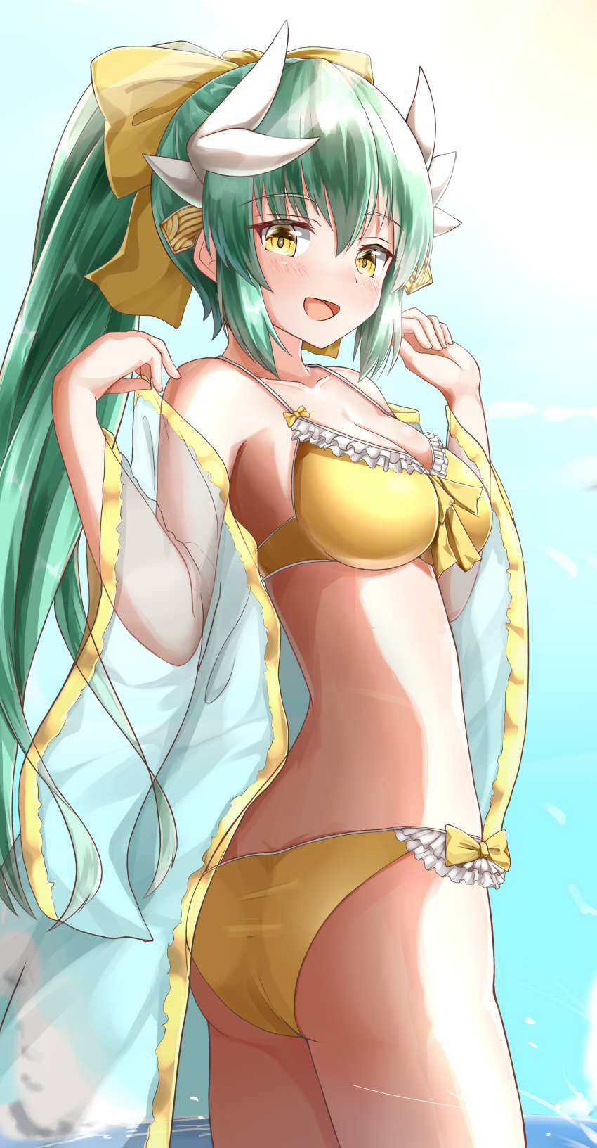:d absurdres ass bangs bikini blue_sky blush bow breasts cleavage cloud collarbone commentary_request day dragon_horns eyebrows_visible_through_hair fate/grand_order fate_(series) green_hair hair_between_eyes hair_bow hair_ornament hands_up high_ponytail highres horizon horns kiyohime_(fate/grand_order) kiyohime_(swimsuit_lancer)_(fate) large_breasts long_hair looking_at_viewer moyoron ocean off_shoulder open_mouth outdoors ponytail see-through sky smile solo swimsuit very_long_hair water yellow_bikini yellow_bow yellow_eyes