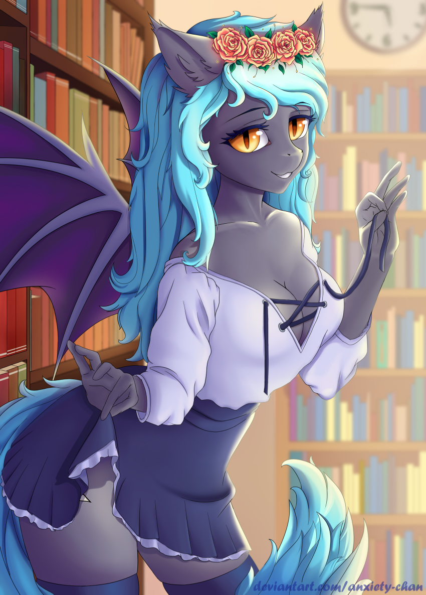 2018 5_fingers absolute_territory absurd_res amber_eyes anthro anxiety-chan bat_pony bat_wings blue_hair book bookshelf breasts cleavage clock clothed clothing clothing_lift equine eyebrows eyelashes fan_character female flower flower_in_hair grin hair hi_res inner_ear_fluff inside legwear library long_hair mammal membranous_wings my_little_pony plant portrait pose skirt skirt_lift slit_pupils smile solo standing stockings teasing teeth text thigh_highs three-quarter_portrait url wings