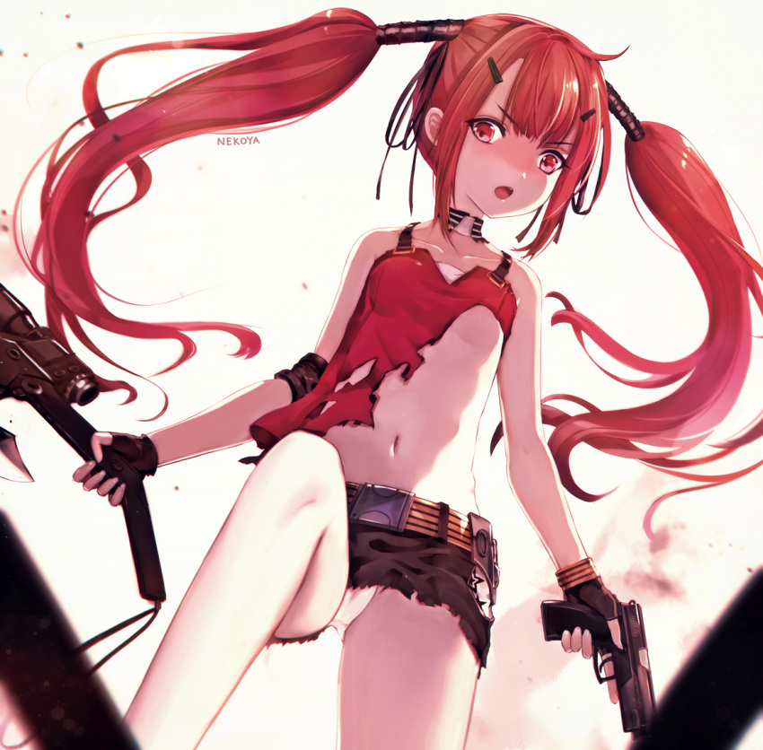 artist_name bangs bare_shoulders belt belt_buckle black_gloves black_ribbon black_skirt blurry blurry_foreground blush brown_belt buckle camisole collarbone commentary_request cz-75 cz-75_(girls_frontline) depth_of_field dyolf eyebrows_visible_through_hair fingerless_gloves girls_frontline gloves gun hair_ornament hair_ribbon hairclip handgun holding holding_gun holding_weapon long_hair looking_at_viewer open_mouth panties red_camisole red_eyes red_hair ribbon round_teeth sidelocks skirt solo teeth torn_clothes torn_skirt twintails underwear upper_teeth v-shaped_eyebrows very_long_hair weapon weapon_request white_panties