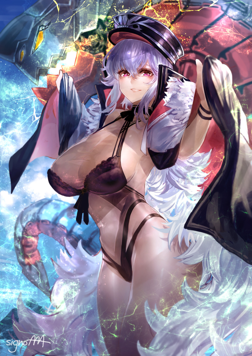 armpits azur_lane bangs bare_shoulders black_swimsuit blush breasts cleavage coat collarbone commentary_request cowboy_shot crossed_bangs electricity eyebrows_visible_through_hair flower gradient gradient_background graf_zeppelin_(azur_lane) groin hair_between_eyes hair_flower hair_ornament hands_up head_tilt highleg highres impossible_clothes impossible_swimsuit iron_cross jacket_on_shoulders large_breasts long_hair looking_at_viewer machinery messy_hair navel navel_cutout off_shoulder one-piece_swimsuit parted_lips petals red_eyes rigging see-through sidelocks signature signo_aaa silver_hair simple_background skindentation smile solo stomach swimming swimsuit taut_clothes taut_swimsuit thighs very_long_hair