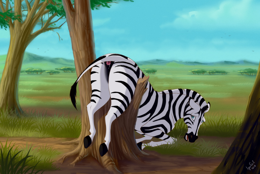 2013 all_fours anus butt edit equine female feral gaping hooves looking_back mammal nude open_mouth outside reallynxgirl savanna solo stripes stuck toony tree zebra