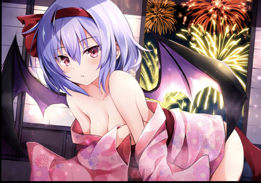 all_fours alternate_costume ass bare_shoulders bat_wings blue_hair blush breasts collarbone commentary covering covering_breasts eyebrows_visible_through_hair fireworks floral_print hair_between_eyes hair_ribbon hairband highres hyurasan japanese_clothes kimono medium_breasts night night_sky no_hat no_headwear off_shoulder parted_lips pink_kimono red_eyes red_hairband red_ribbon remilia_scarlet ribbon short_hair sky solo touhou wings yukata
