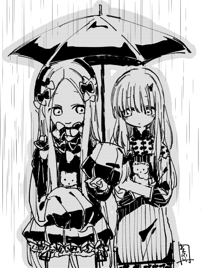 abigail_williams_(fate/grand_order) bangs bloomers bug butterfly closed_mouth dress eyebrows_visible_through_hair fate/grand_order fate_(series) forehead greyscale hair_between_eyes hat highres holding holding_umbrella horn insect lavinia_whateley_(fate/grand_order) long_hair long_sleeves monochrome multiple_girls object_hug parted_bangs screentones shared_umbrella sleeves_past_fingers sleeves_past_wrists smile sofra stuffed_animal stuffed_toy teddy_bear umbrella underwear very_long_hair