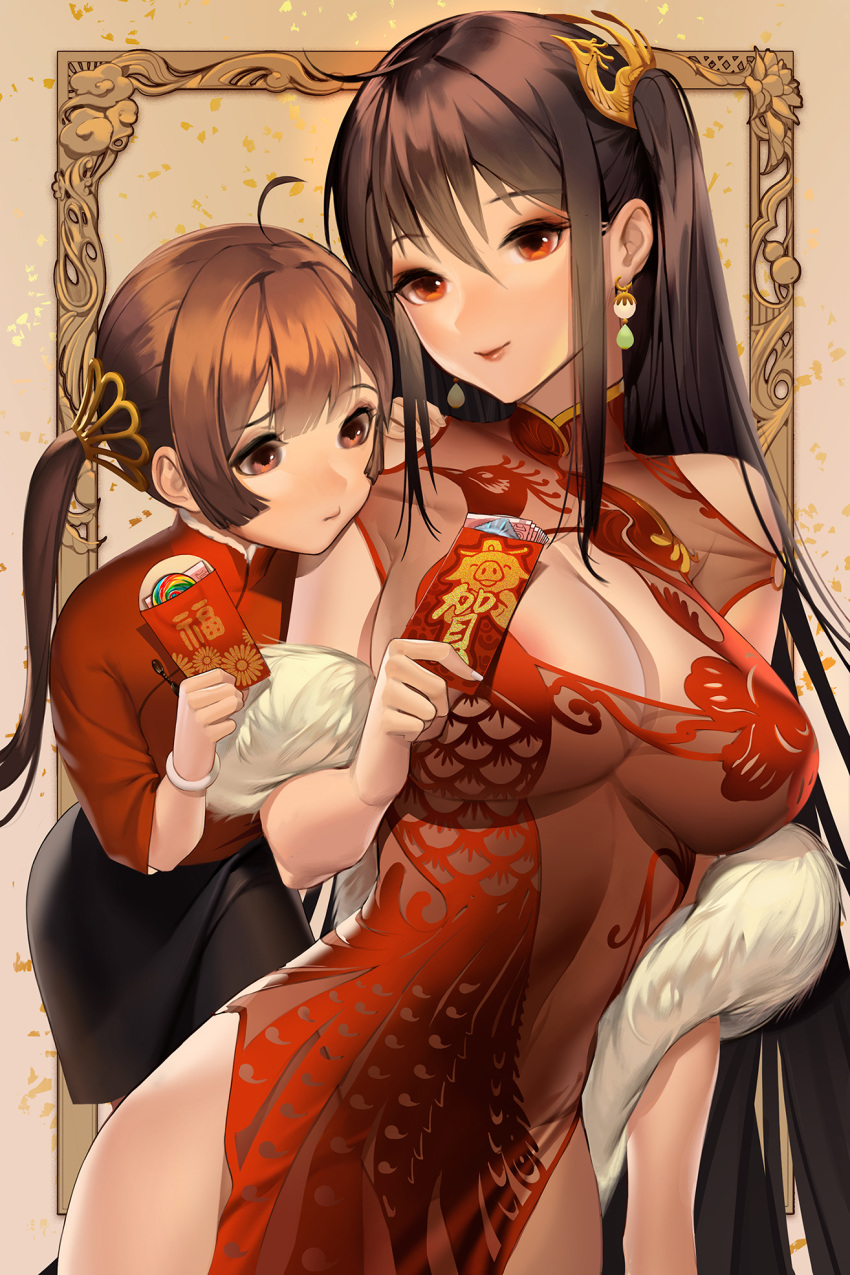1girl 2girls ahoge areola_slip areolae arm_at_side azur_lane bangs bare_shoulders black_hair black_skirt bracelet breasts brown_hair candy china_dress chinese_clothes chinese_commentary cleavage cleavage_cutout closed_mouth commentary_request condom_wrapper covered_navel cowboy_shot damiaodi dress earrings eyebrows_visible_through_hair eyeshadow food head_tilt highres holding jewelry large_breasts lollipop long_hair long_sleeves looking_at_viewer makeup money multiple_girls nail_polish one_side_up pelvic_curtain petals picture_frame ping_hai_(azur_lane) red_dress red_eyes red_lips see-through shawl skirt smile taihou_(azur_lane) twintails very_long_hair white_nails