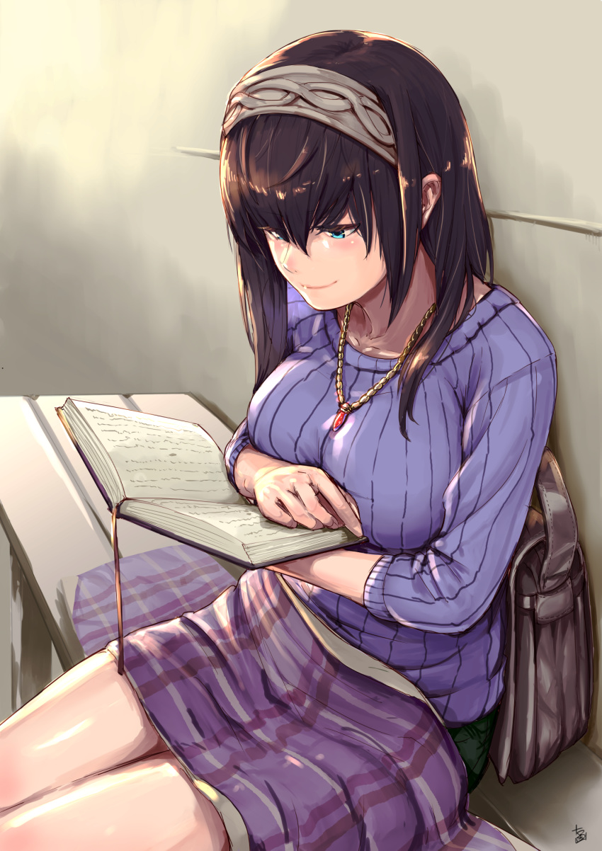 bag bench black_hair blue_eyes blush book breasts commentary_request hairband handbag highres holding holding_book idolmaster idolmaster_cinderella_girls jewelry large_breasts long_hair looking_down merooon necklace reading ribbed_sweater sagisawa_fumika shawl sitting smile solo sweater