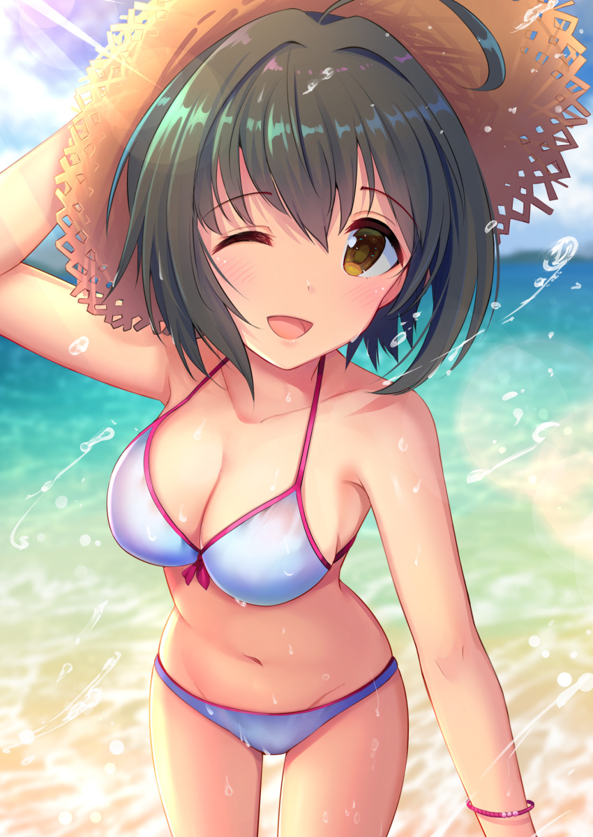;d ahoge bangs bare_arms bare_shoulders beach bikini black_hair blue_sky blush bracelet breasts brown_eyes cleavage cloud cloudy_sky collarbone commentary_request day eyebrows_visible_through_hair front-tie_top groin hand_on_headwear hat highres idolmaster idolmaster_cinderella_girls jewelry kohinata_miho looking_at_viewer navel ocean one_eye_closed open_mouth outdoors revision sand short_hair sky smile solo standing stomach straw_hat sun_hat swimsuit u_rin water wet white_bikini
