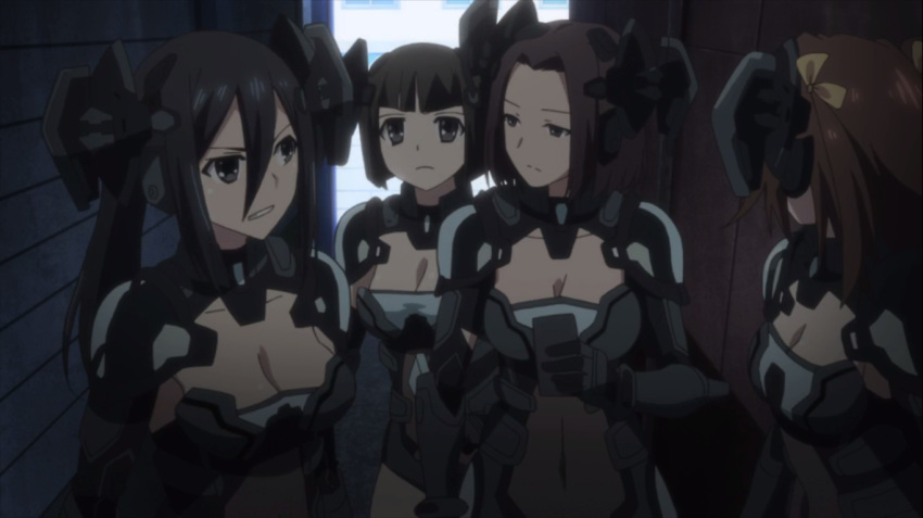 4girls black_eyes black_hair bodysuit breasts cleavage cleavage_cutout clenched_teeth date_a_live female hair_between_eyes headgear kusakabe_ryouko kusakabe_ryouko_(date_a_live) long_hair looking_at_another mecha_musume medium_breasts multiple_girls parted_lips ponytail revealing_clothes serious teeth