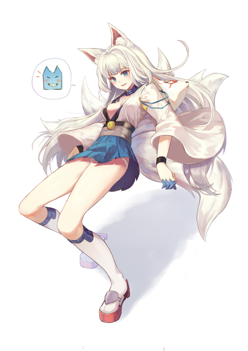 absurdres alternate_hair_length alternate_hairstyle animal_ear_fluff animal_ears azur_lane blue_eyes blue_skirt breasts choker cleavage fox_ears fox_mask fox_tail full_body highres kaga_(azur_lane) kyuubi long_hair looking_at_viewer mask medium_breasts multiple_tails open_mouth revision simple_background skirt smile socks solo sugar_(dndi888) tail white_background white_hair