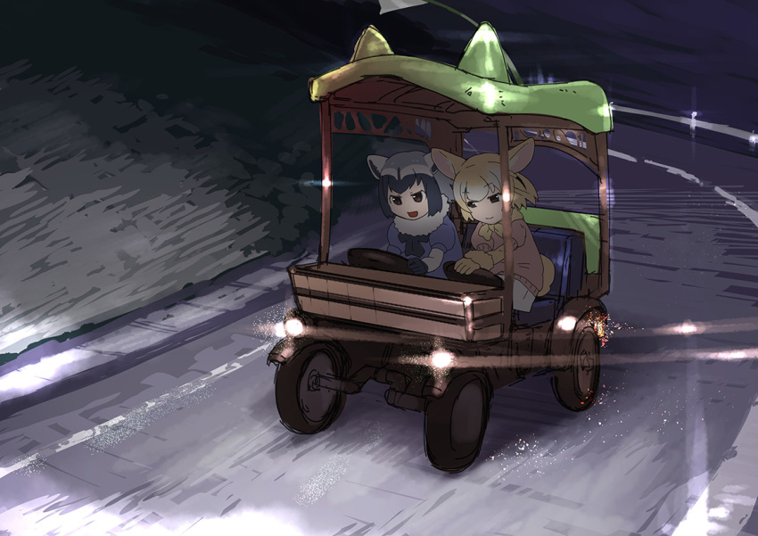 animal_ears black_neckwear blonde_hair blue_shirt bow bowtie car closed_mouth commentary common_raccoon_(kemono_friends) driving dust_particles fennec_(kemono_friends) fox_ears fur_collar grey_hair ground_vehicle jack_hamster kemono_friends light motor_vehicle multicolored_hair multiple_girls night open_mouth pink_shirt puffy_short_sleeves puffy_sleeves raccoon_ears road shirt short_sleeves skirt smile two-tone_hair white_skirt yellow_neckwear
