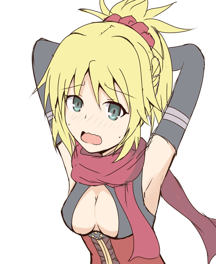 armpits arms_behind_head arms_up bangs black_gloves blonde_hair blush braid breasts cleavage cleavage_cutout commentary cosplay dress elbow_gloves eyebrows_visible_through_hair fate/apocrypha fate_(series) gloves green_eyes hair_between_eyes hair_ornament hair_scrunchie highres medium_breasts mitchi mordred_(fate) mordred_(fate)_(all) nose_blush okita_souji_(alter)_(fate) okita_souji_(alter)_(fate)_(cosplay) okita_souji_(fate)_(all) open_mouth ponytail red_dress red_scarf red_scrunchie scarf scrunchie simple_background solo sweat wavy_mouth white_background
