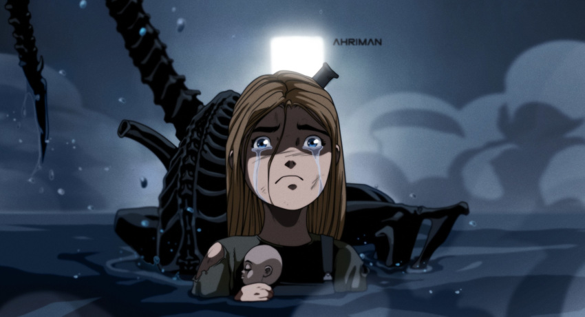 ahriman_(artist) alien aliens ambush bad_end blonde_hair child crying dirty doll fake_screenshot fog highres light long_hair looking_at_viewer monster newt_(aliens) science_fiction signature stinger suspenders tail tears torn_clothes upper_body water xenomorph