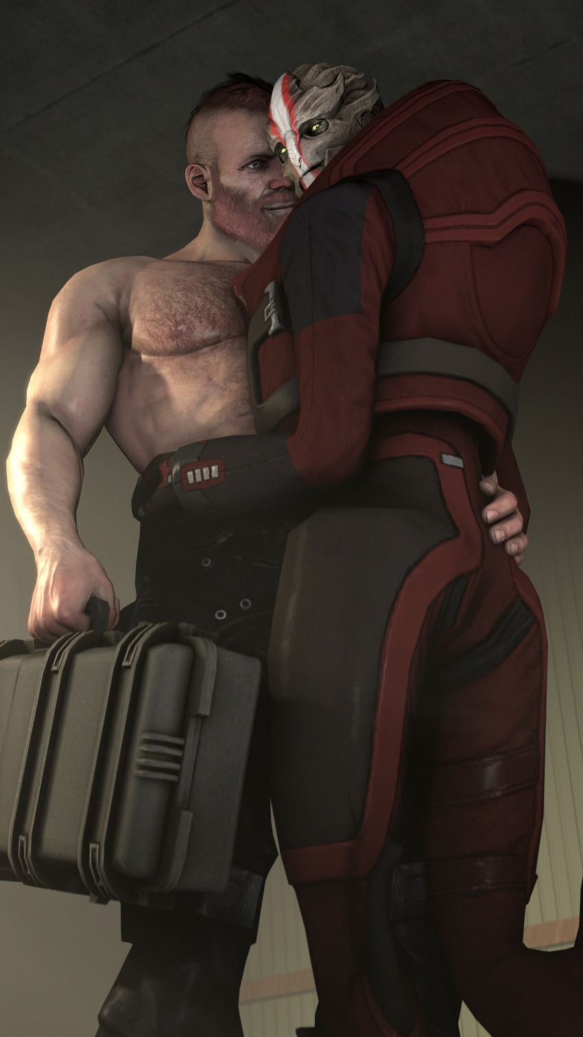 alien body_hair chest_hair clothed clothing dank_wankem female grabbing hug human looking_at_viewer low-angle_view male male/female mammal mass_effect topless turian video_games worm's-eye_view
