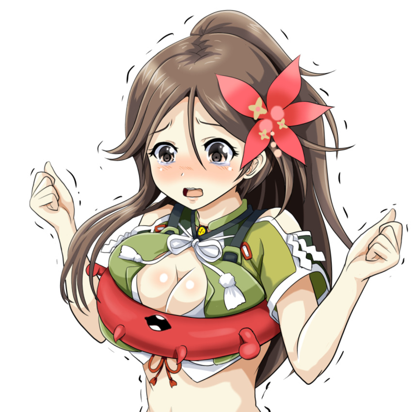 :o amagi_(kantai_collection) blush breast_squeeze breasts brown_eyes brown_hair cleavage clenched_hand enemy_lifebuoy_(kantai_collection) flower hair_flower hair_ornament highres kantai_collection long_hair long_skirt open_mouth ponytail red_flower simple_background skirt tears tk8d32 trembling upper_body v_arms white_background