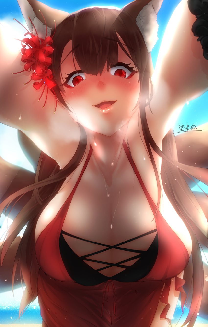 akagi_(azur_lane) animal_ears azur_lane beach bikini black_hair black_scrunchie blush breasts cleavage collarbone commentary_request day eyebrows_visible_through_hair eyelashes eyeliner flower fox_ears fox_tail hair_flower hair_ornament head_tilt heavy_breathing highres kitsune large_breasts leaning_forward lips long_hair looking_at_viewer makeup mochitsu_jou multiple_tails nose_blush open_mouth outdoors pov red_bikini red_eyes sarong scrunchie signature sky solo sweat swimsuit tail water wrist_scrunchie