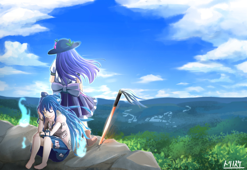 artist_name bangs barefoot blue_hair blue_skirt blue_sky boots bracelet closed_eyes cloud commentary_request day debt elbow_on_knee facing_away food forest frilled_skirt frills from_behind fruit grey_hoodie hair_blowing hand_in_hair hand_on_own_knee hat highres hinanawi_tenshi hitodama hood hood_down jewelry layered_skirt leaf long_hair mountain mountainous_horizon multiple_girls nature outdoors peach planted_sword planted_weapon puffy_short_sleeves puffy_sleeves scenery short_sleeves sitting skirt sky smile standing stuffed_animal stuffed_cat stuffed_toy sword sword_of_hisou torinosuke touhou very_long_hair weapon wind yorigami_shion